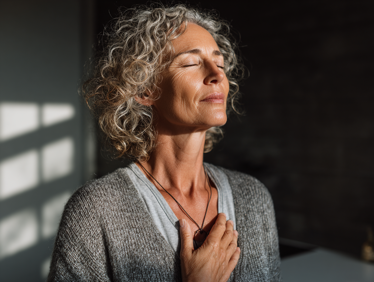 Енергійна жінка середнього віку демонструє правильну техніку дихальних вправ для серця